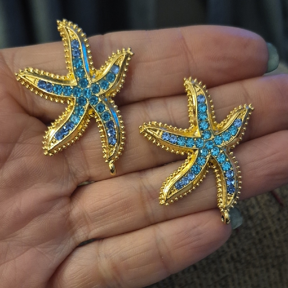 Vintage Art Deco Gold With Blue Crystal Rhinestone Starfish Earrings - Picture 6 of 7